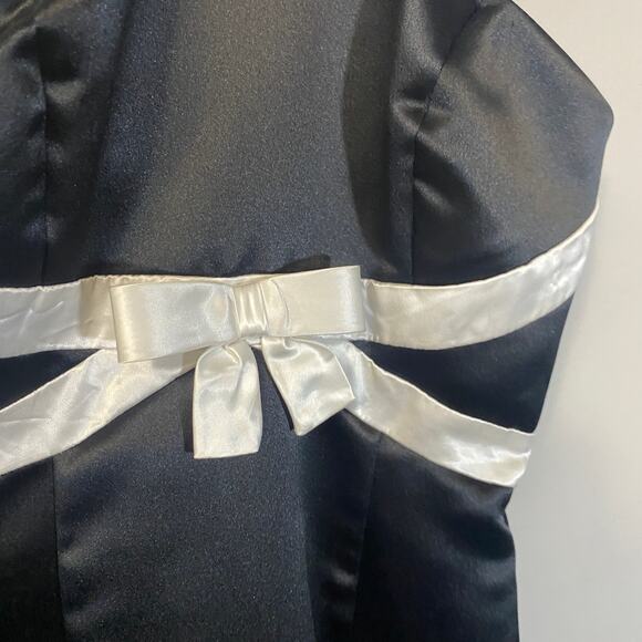 Jessica McClintock Gunne Sax VTG Formal Black Satin Dress White Bow & Straps 3/4 - Picture 3 of 16